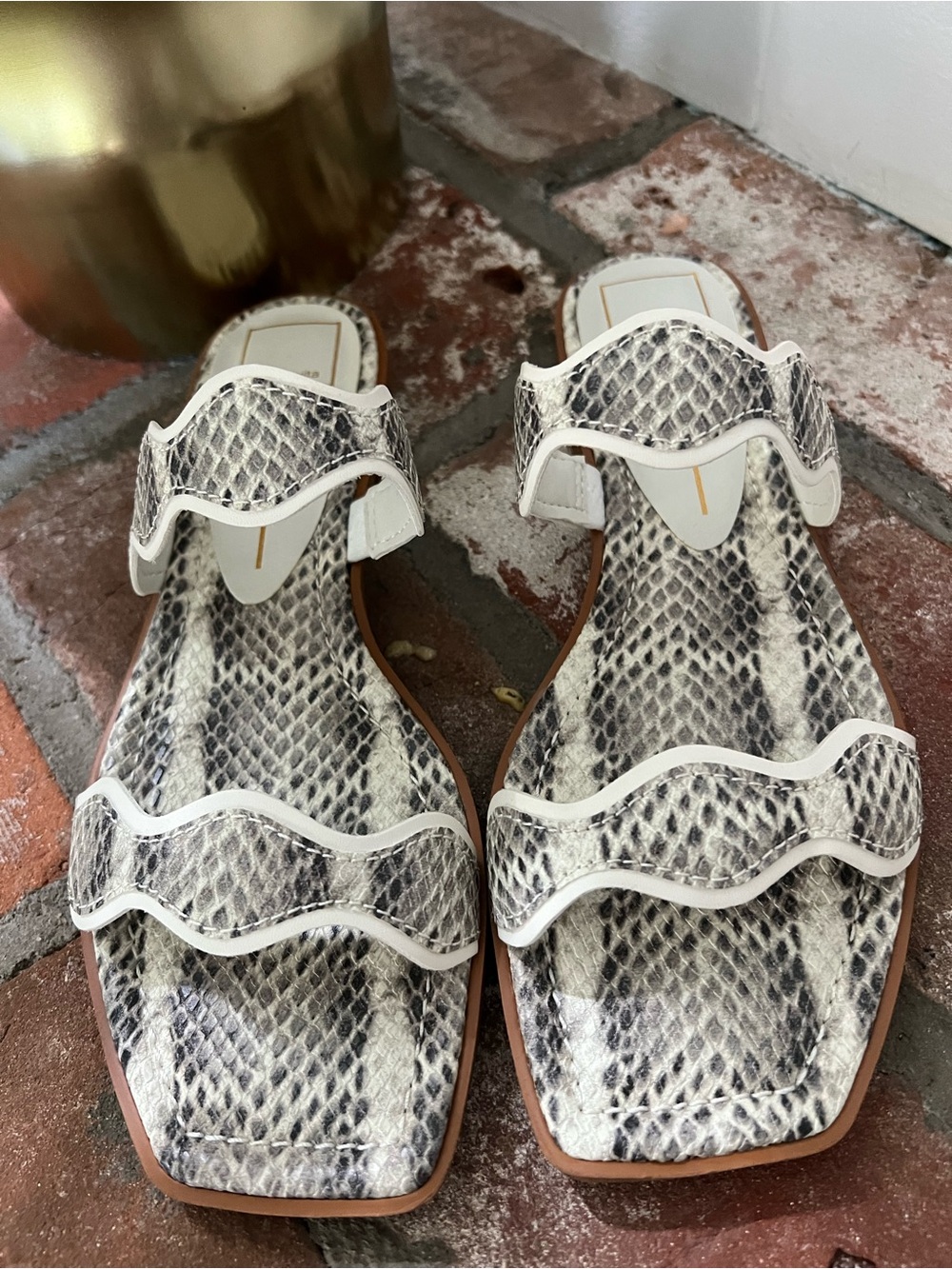 Dolce Vita White and Gray Snake-Print Wavy Strap Slide Sandals
